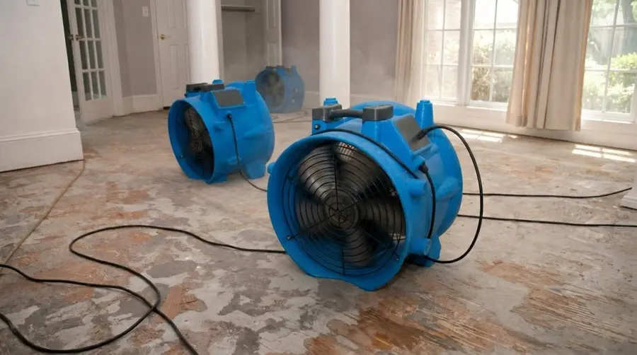 Restoration technician drying a water damaged Bedford, TX home with an air mover