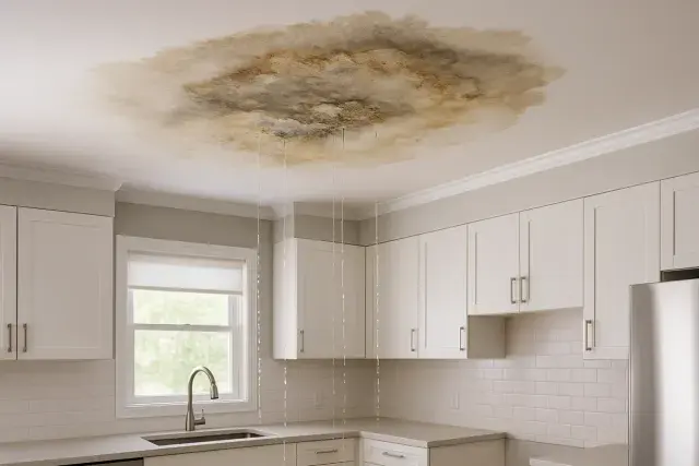 Water stain and ceiling leak damage in a Bedford, TX home