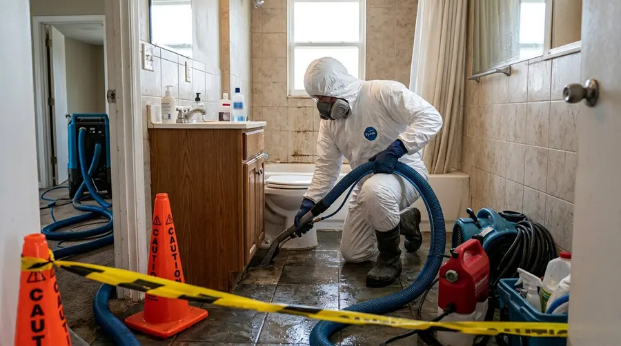 Sewage and black water cleanup crew in protective gear in Bedford, TX